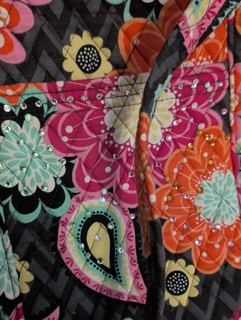 Vera Bradley Ziggy Zania Black Quilted Tote Pink, Orange & Teal Floral Paisley